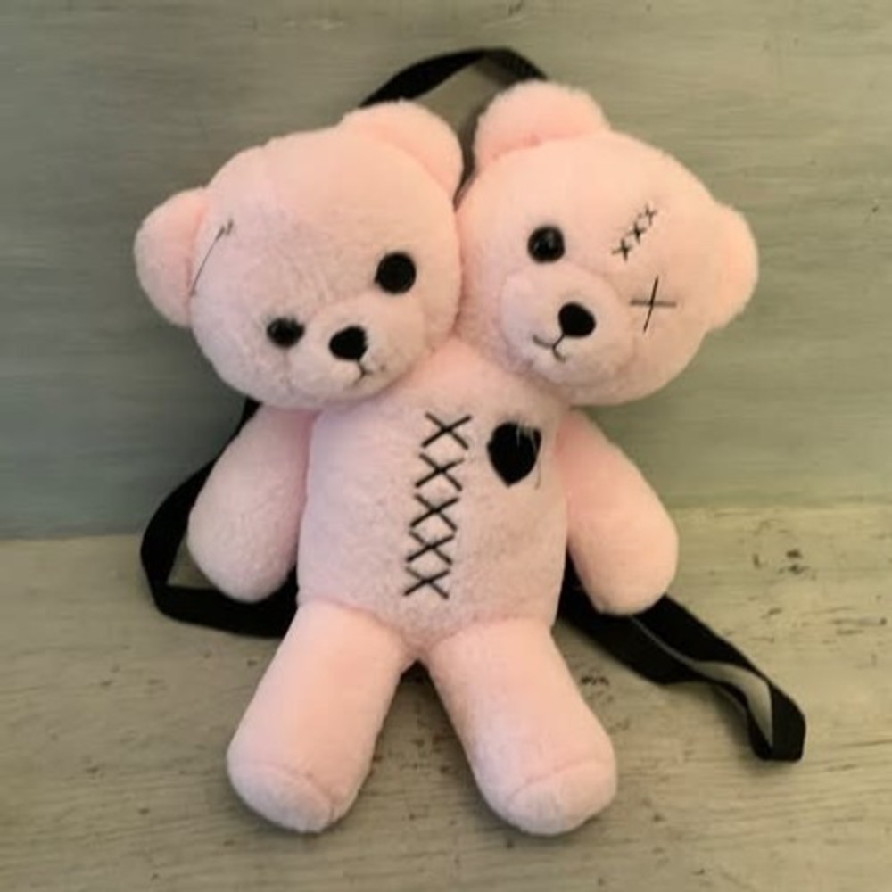 Hot Topic Pastel Pink Creepy Double Headed Teddy Bear Backpack Purse Bag GC